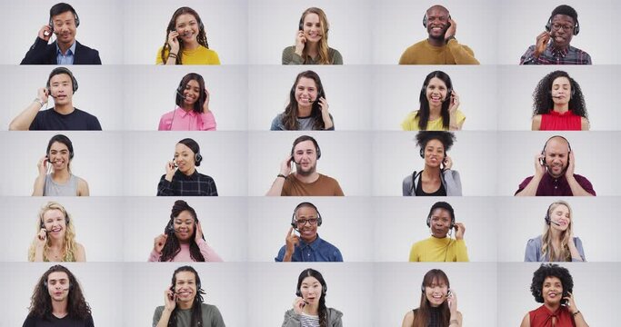 Call center composite, diversity and people in telemarketing, collage and communication. Talking, happy and face portrait variety of customer service workers for online support on a studio background