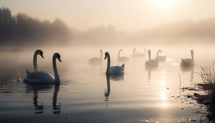Swan family swims in tranquil pond at dawn generated by AI
