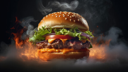 A hamburger with cheese, tomatoes and onions with a dark background and fire.
