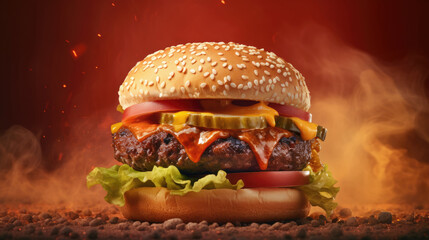 A delicious hamburger with a red background and smoke