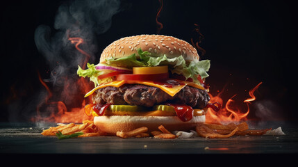 Big hamburger on the table with fire and dark background