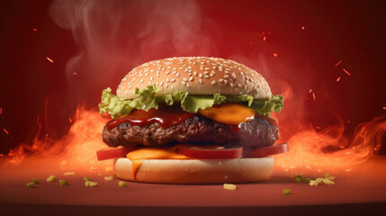A hamburger with a red background and a smoky background on fire.