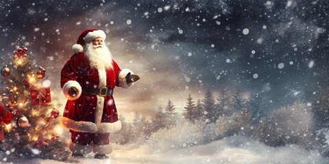 Banner Santa Claus in Forest. Magic Christmas Stars. AI