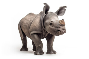 Fototapeta premium A toy rhino standing on a white surface. Generative AI.