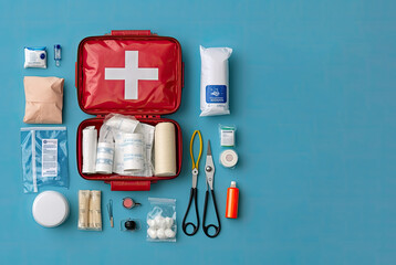 First aid kit top view on a blue background.  Tablets, band-aids, bandages, a thermometer, pills are laid out on the table. Created with generative AI technology
