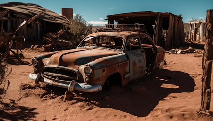 Obraz na płótnie Canvas Rusty vintage car abandoned on dirt road generated by AI