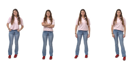 front view of a group same young girl standing on white background
