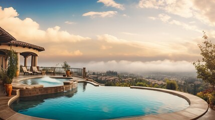 a luxury home with an outside swimming pool in southern California, atmospheric clouds in sky, sky is blue and bronze, lush scenery in background - obrazy, fototapety, plakaty