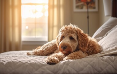 Goldendoodle on bed created with Generative AI Technology, ai, generative