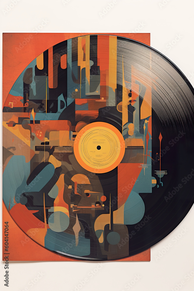 Poster a picture of a record on a table. generative ai.