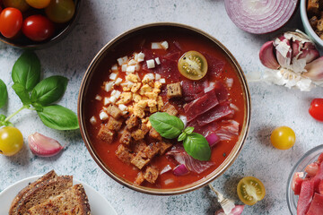 Spanish traditional tomato soup salmorejo