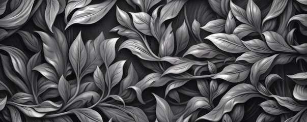 an Abstract Horizontal background, flowing waves of filagree, and flowers in carved Ebony. Liquid flow texture. dark Fluid art Abtract-themed, photorealistic illustrations in JPG. Generative AI