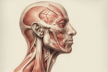 Human anatomy showing head, nose, face with muscular system visible Generative AI - obrazy, fototapety, plakaty