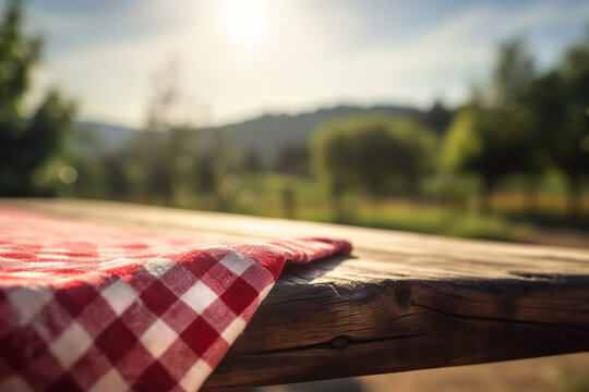 Empty Rustic Wooden Table With A Crumpled Red And White  Generative AI