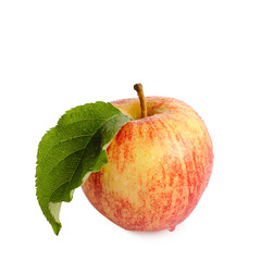 Red apple with a green leaf. Isolated on white background