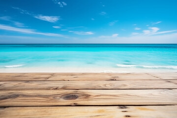 Fototapeta na wymiar Wooden table top on blue sea and white sand beach background Generative AI