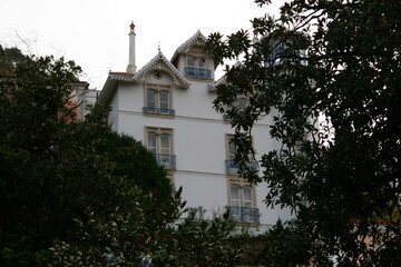 Facade of historical buildings, European cityscape, cozy Portuguese streets landscape, view of city, Sintra, Portugal