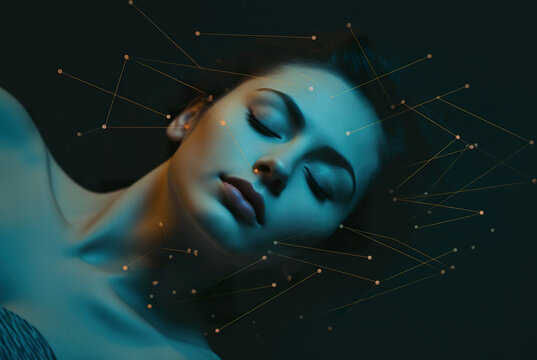 A woman laying down with her eyes closed. Generative AI. Illustration of REM, rapid eye movement sleep phase.