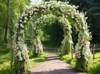 Wedding ceremony. Very beautiful and stylish wedding arch, decorated with various fresh flowers, standing in the garden. Wedding day created with Generative AI technology