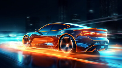 Obraz na płótnie Canvas Futuristic Sports Car On Neon Highway wallpaper. Powerful acceleration of a supercar on a night track with colorful lights and trails. illustration. Generative Ai
