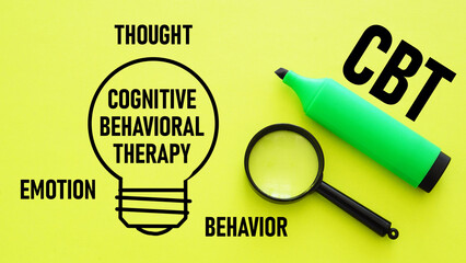 Cognitive Behavioral therapy CBT is shown using the text. Thought Behavior Emotion