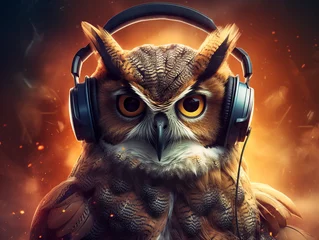 Fototapete Eulen-Cartoons Cool owl wearing headphones and listening to music - Generative AI