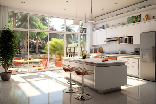 Modern airy kitchen with lots of light, generative ai