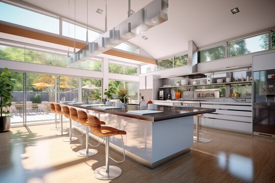 Modern airy kitchen with lots of light, generative ai