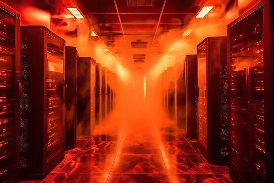 Overheated data center with smoke and red lights, generative ai