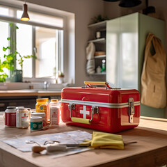 Fototapeta na wymiar A first aid kit in a red box is on the table in the kitchen. Kitchen interior and medicine. Created with generative AI technology