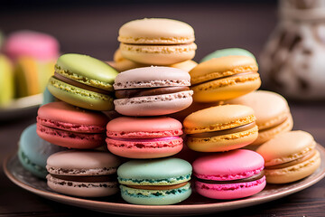 Fototapeta premium Macarons - Originating in France, macarons are delicate sandwich cookies made from almond flour, filled with various flavored creams or jams (Generative AI)