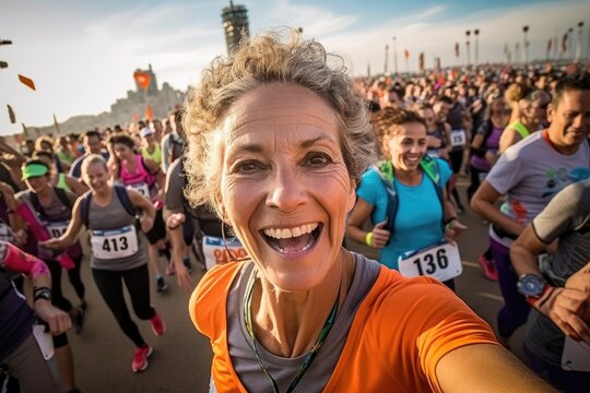 senior female marathon runner is taking a selfie while running through a crowd of other runners, with the city skyline in the background , wide angle view. Generative AI 