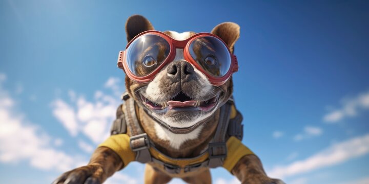 happy pug dog sky diving and being air dropped created with generative AI