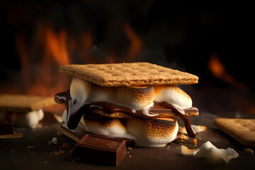 S'mores - A popular American treat, s'mores consist of a roasted marshmallow and a piece of chocolate sandwiched between two graham crackers (Generative AI)