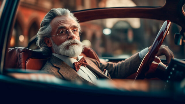 Generative Ai. elderly man with a beard driving a car