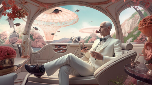 Generative Ai. a man in a white suit sitting in a car with flowers