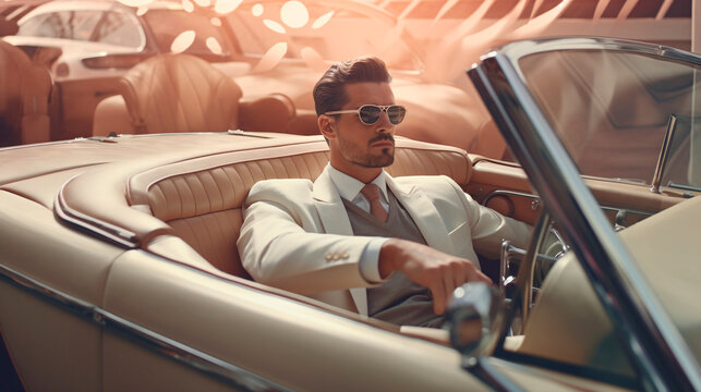 Generative Ai. businessman man in a white suit in sunglasses sits behind the wheel of a car