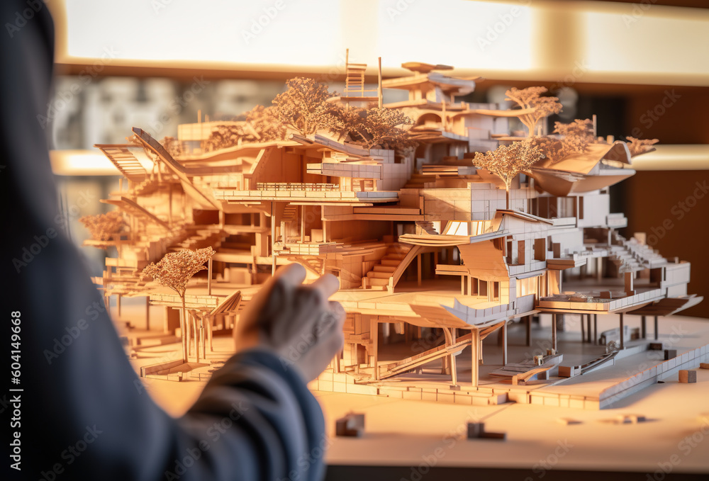 Poster a model of a building on a table. generative ai. model of house with hands of an architect.
