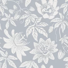 Gordijnen Seamless monochrome pattern with flowers. Wallpaper. Background with sketch climbing flowers. Retro graceful style. Design for textile, wallpaper, web, paper, invitation, cover. Floral backdrop © sunny_lion