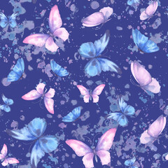 Obraz na płótnie Canvas Cute butterflies hand drawn watercolor seamless pattern. Delicate blue and purple color butterflies with watercolor splash, watercolor illustration on blue background.