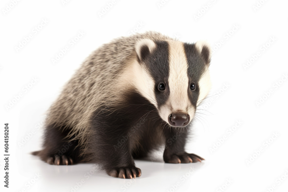 Poster a small badger is standing on a white surface. generative ai.
