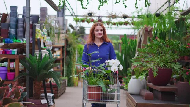 Woman Shopping for Flowers and Plants with Cart at Horticulture Store