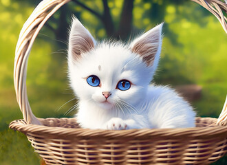 White kitten in a basket. Generative AI
