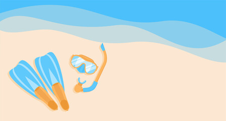 Diving flippers and mask with snorkel on sand near sea waves, top view. Flat vector illustration © Alrika 