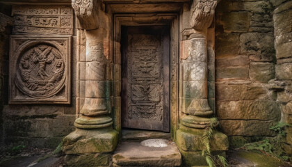 Fototapeta na wymiar Stone sculptures adorn ancient ruins of Angkor generated by AI