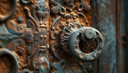 Rusty old metal doorknob with ornate decoration generated by AI