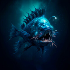 Angler fish on background of dark blue water realistic illustration art. Scary deep-sea fish predator In the depths of the ocean. Place for text. - 604151056