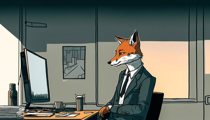 Captivating illustration of a sly, sharply-drawn fox in business attire working in a sleek modern office, exuding professionalism and adaptability with a touch of vibrant colors. Generative AI