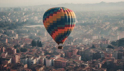 Flying high above city, hot air balloon adventure generated by AI