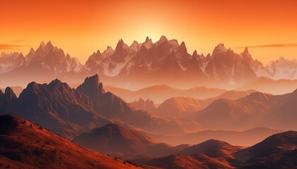 Obraz premium Majestic mountain range, back lit by sunset generated by AI